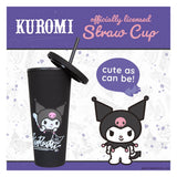 Black tumbler with straw and lid featuring Kuromi character on a branded packaging background.