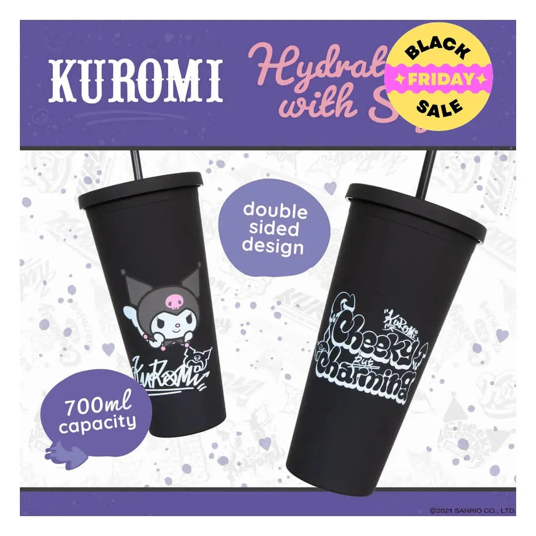 Black tumbler with Kuromi design on a promotional background