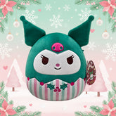 Kuromi Plush toy with festive design on a Christmas-themed background