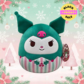Kuromi Plush toy with festive design on a Christmas-themed background