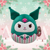 Kuromi Plush toy with festive design on a Christmas-themed background