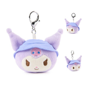 Plush keychain with a Kuromi purple character wearing a blue hat on a white background