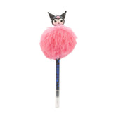 Kuromi Pom Pom Pen with fluffy pink pom pom and Kuromi figure topper – Sanrio stationery.
