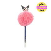 Kuromi Pom Pom Pen with fluffy pink pom pom and Kuromi figure topper – Sanrio stationery.