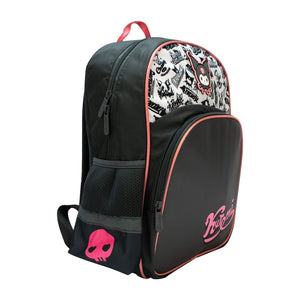 Black backpack with pink skull design and brand logo on a white background