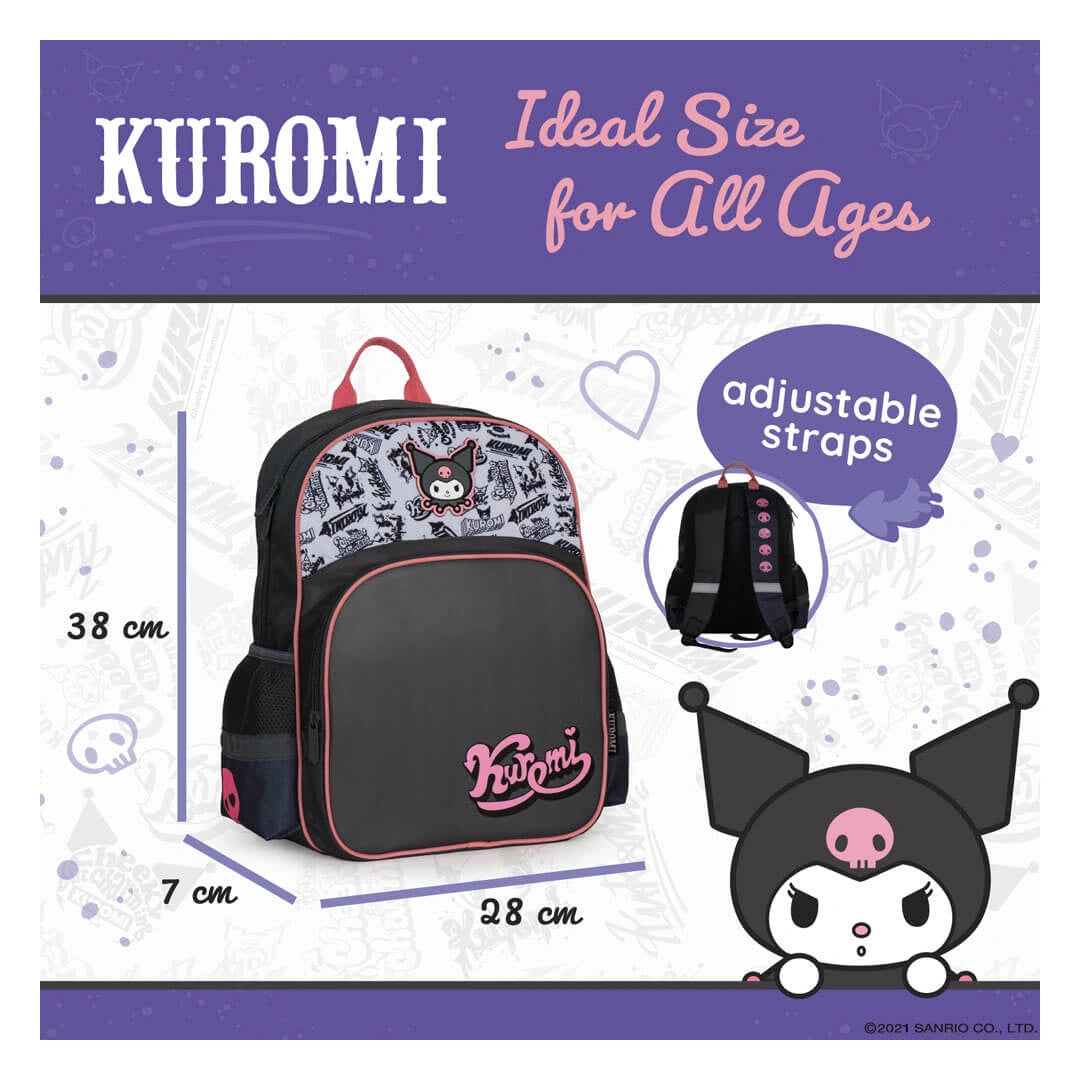 Kuromi Backpack size guide with adjustable straps and 39 cm height