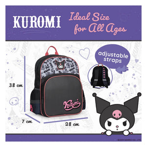 Kuromi Backpack size guide with adjustable straps and 39 cm height