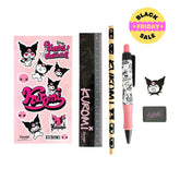 Kuromi stationery set front packaging with ruler, pen, pencil, eraser, sharpener and stickers – official Sanrio product
