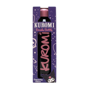 Kuromi stainless-steel water bottle in black with pink lid – boxed front