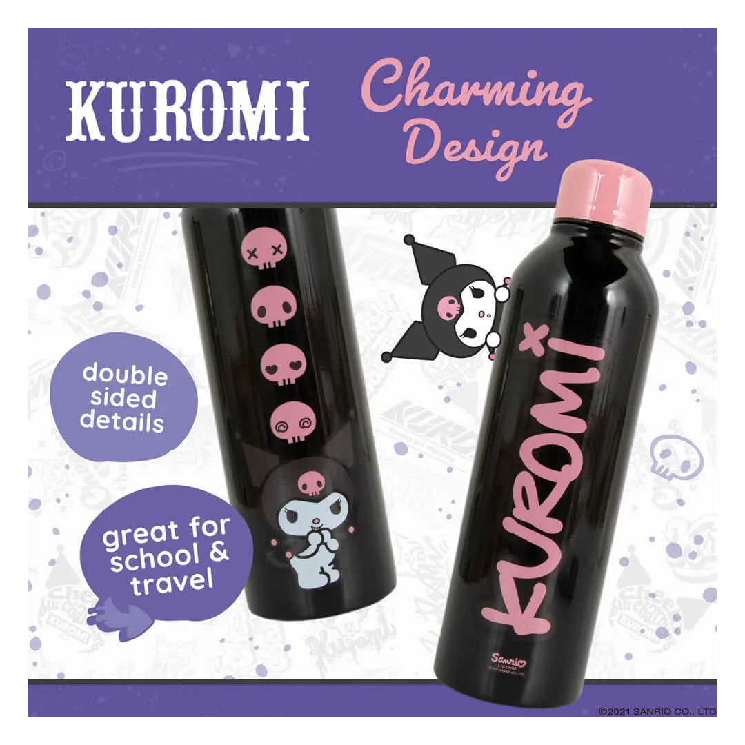 Black water bottle with pink accents featuring the character Kuromi from Hello Kitty and friends