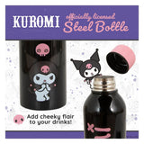 Kuromi logo side of black stainless-steel bottle with pink lid
