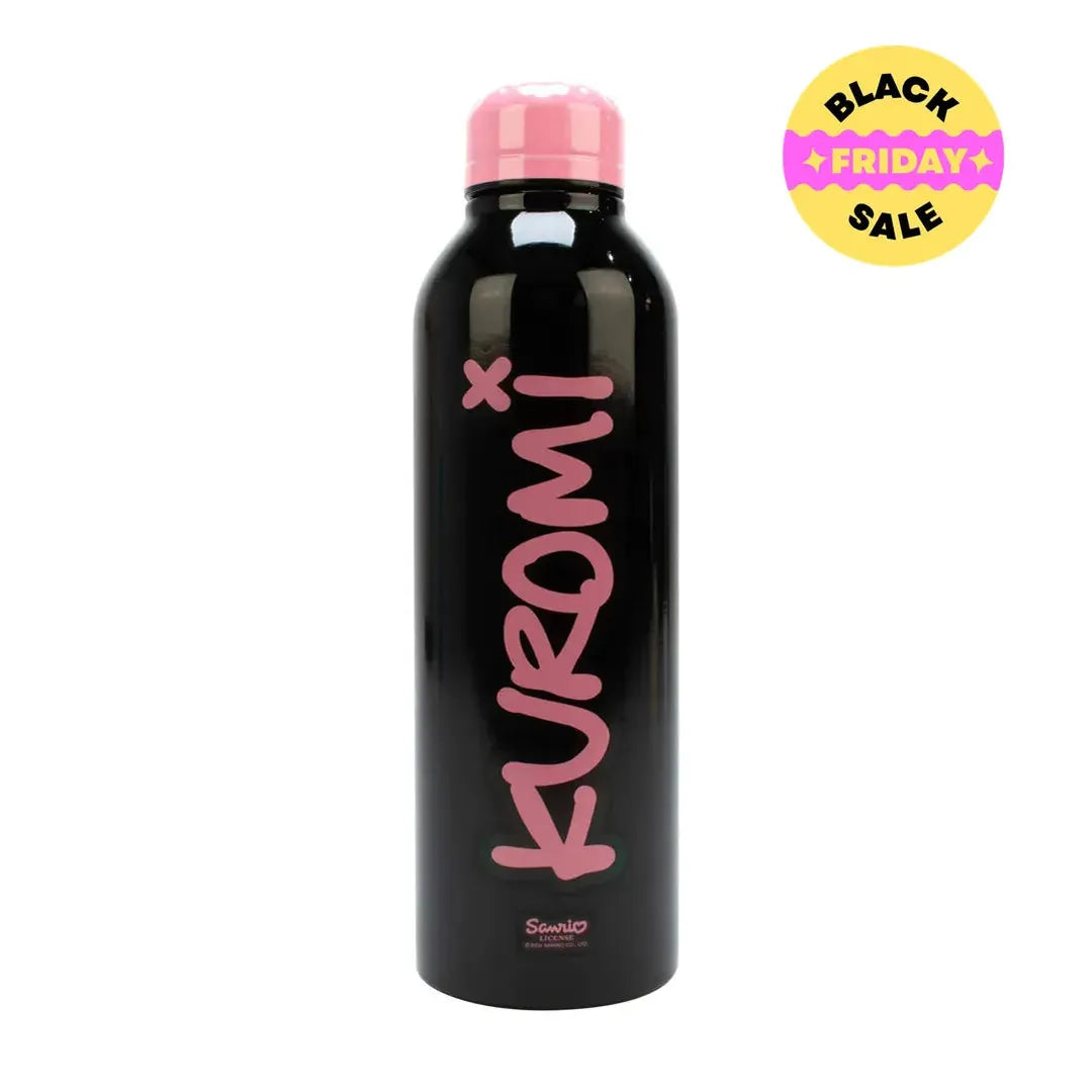 Black water bottle with pink cap and 'Kuromi' words. Licensed product