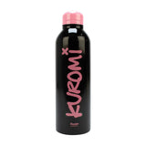 Black water bottle with pink cap and 'Kuromi' words. Licensed product