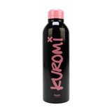 Black water bottle with pink cap and 'Kuromi' words. Licensed product