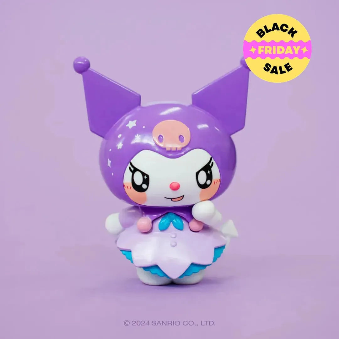 Close-up of Kuromi mini figure and purple accessory pouch