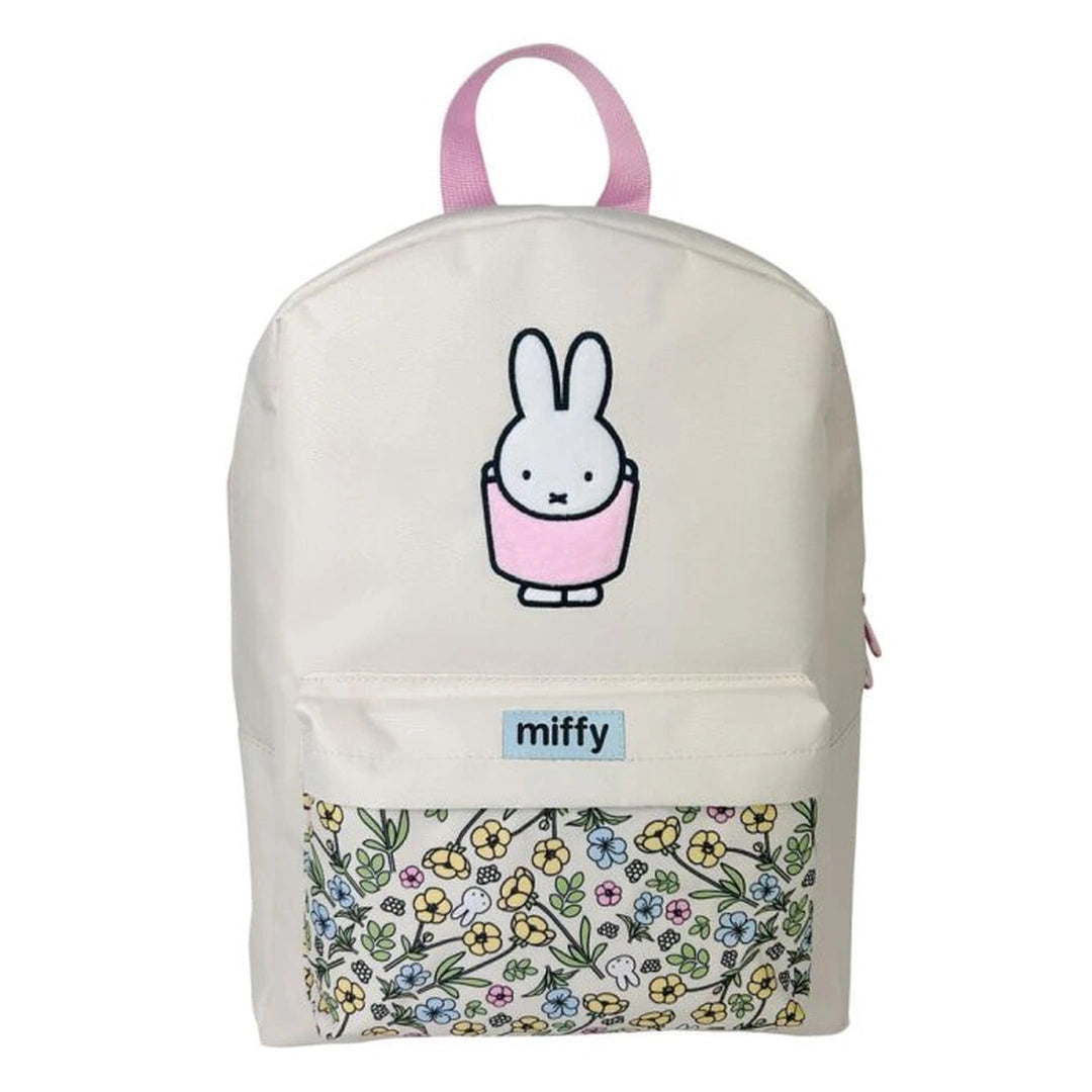 White backpack with a Miffy the bunny and floral pattern on a white background