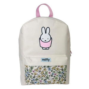 White backpack with a Miffy the bunny and floral pattern on a white background
