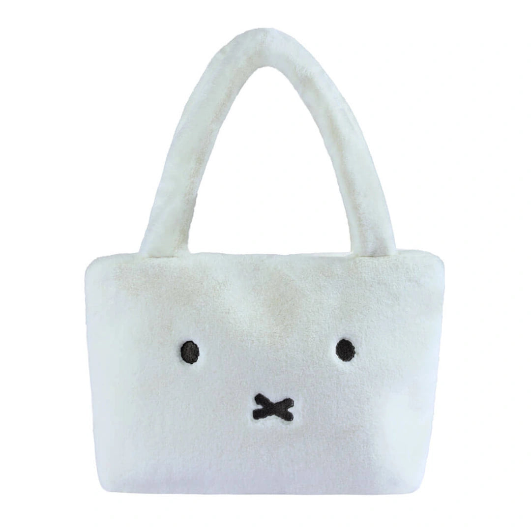 White Miffy plush bag with a face design on a white background