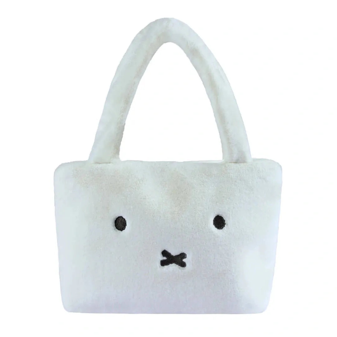 White Miffy plush bag with a face design on a white background