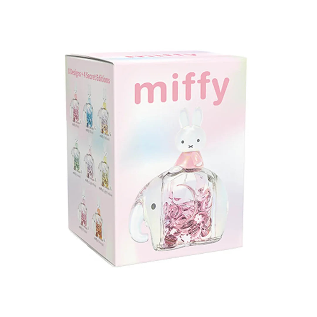 Miffy-themed product blind box with a glass figure and pink interior on a white background.