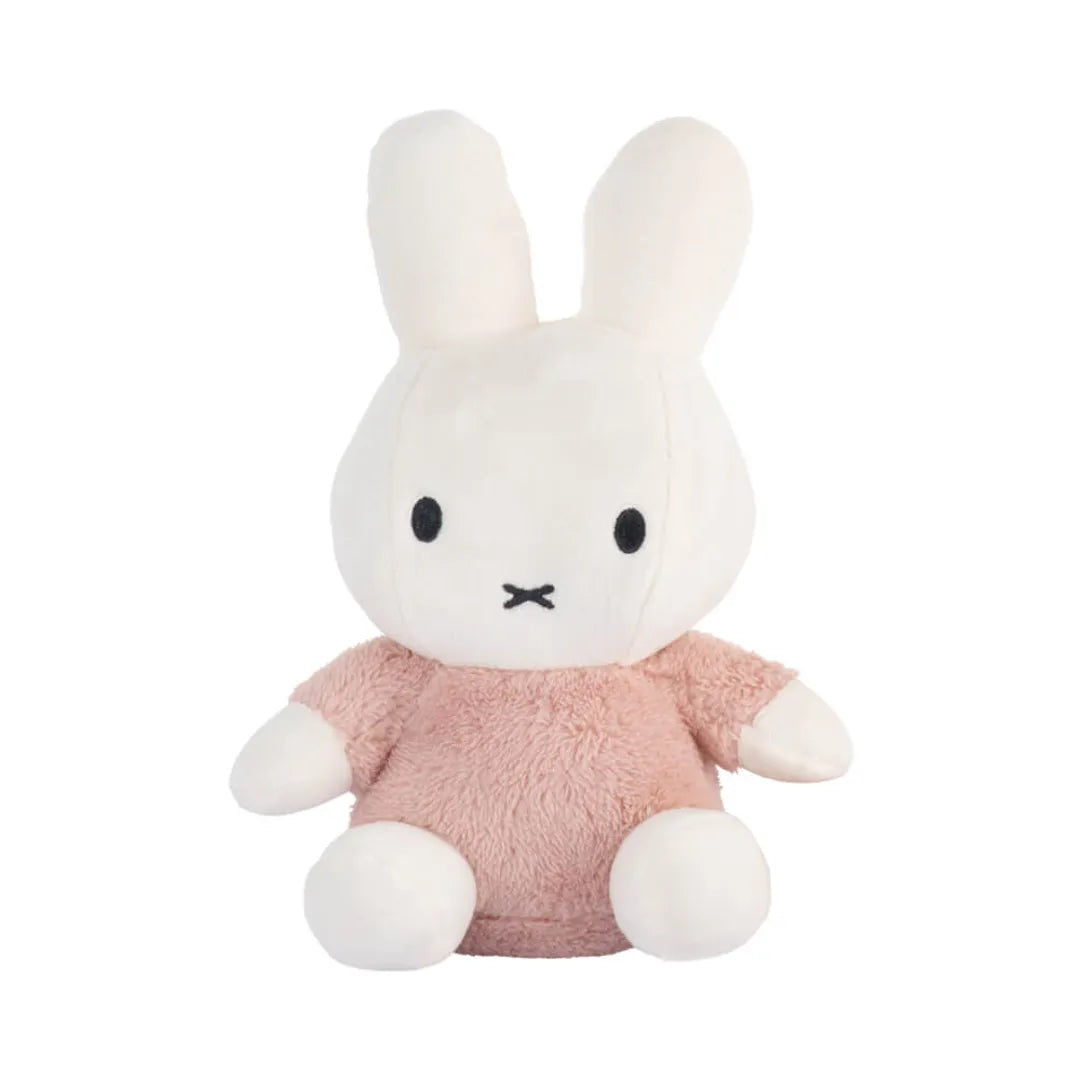 Plush toy rabbit in a pink outfit on a white background