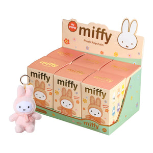 Display box of Miffy blind box plush keychains with a pink Miffy keychain in front.