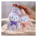 Pink Miffy Macaron Series 2 plush keyring featuring a pastel bunny suit and gingham scarf.
