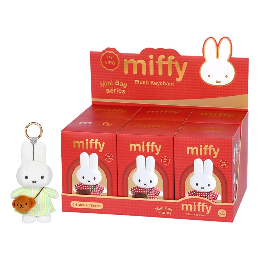 Miffy blind box. Mini bag series, display of 6 individual blind boxes, with Miffy with green dress and mini bear bag on display