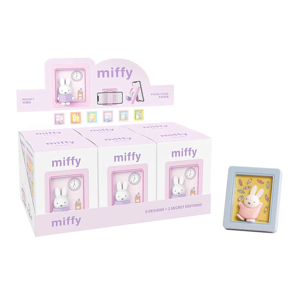 Display of Miffy blind box products with packaging. Magnet phone stand series
