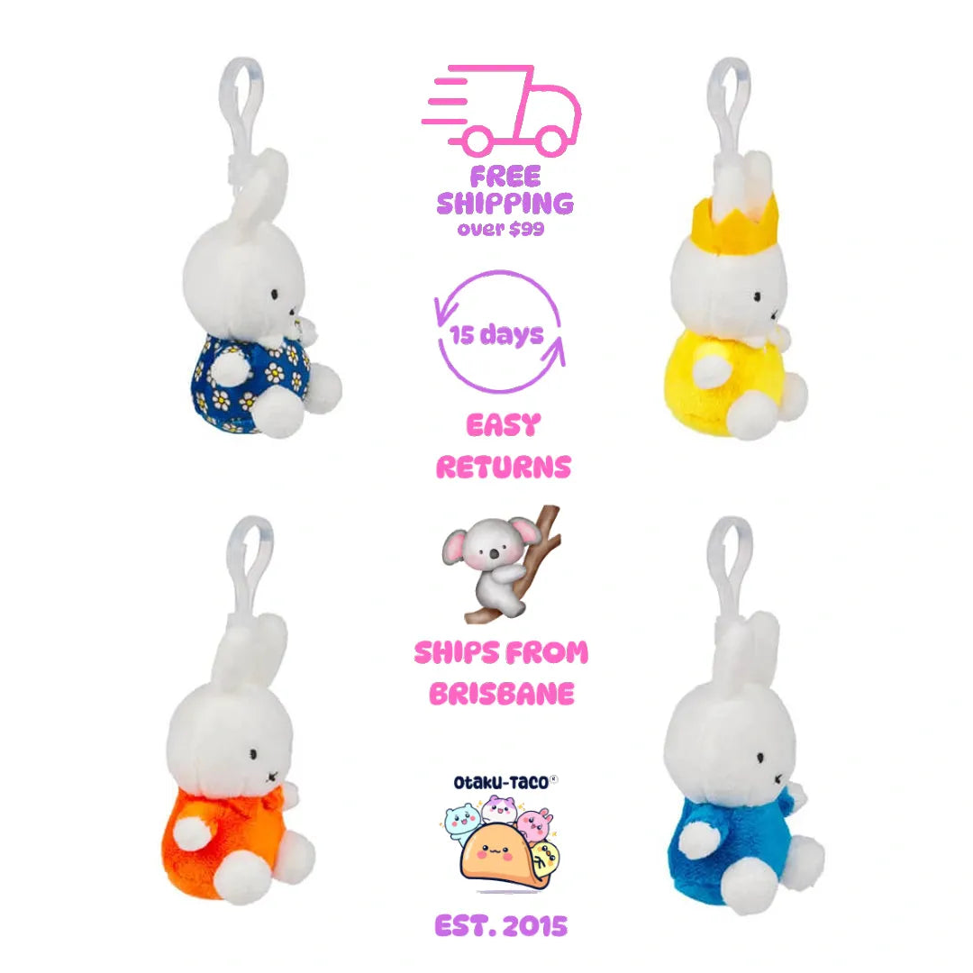 Three-quarter angle of four Miffy keyring styles with clips
