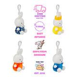 Three-quarter angle of four Miffy keyring styles with clips