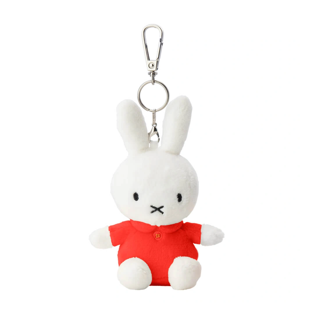 Miffy White bunny plush keychain with a red shirt on a white background