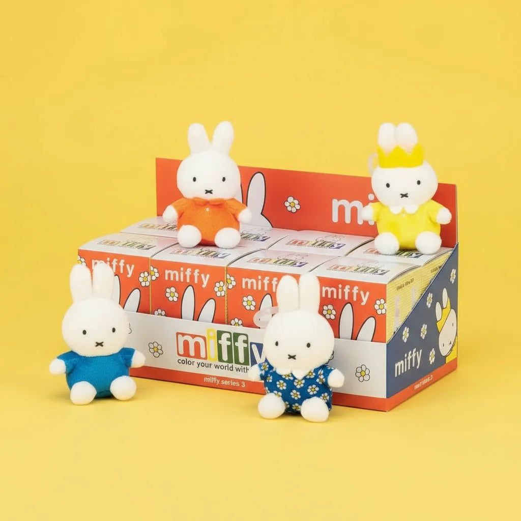 Miffy plush keyring Series 3 display with four styles shown on top
