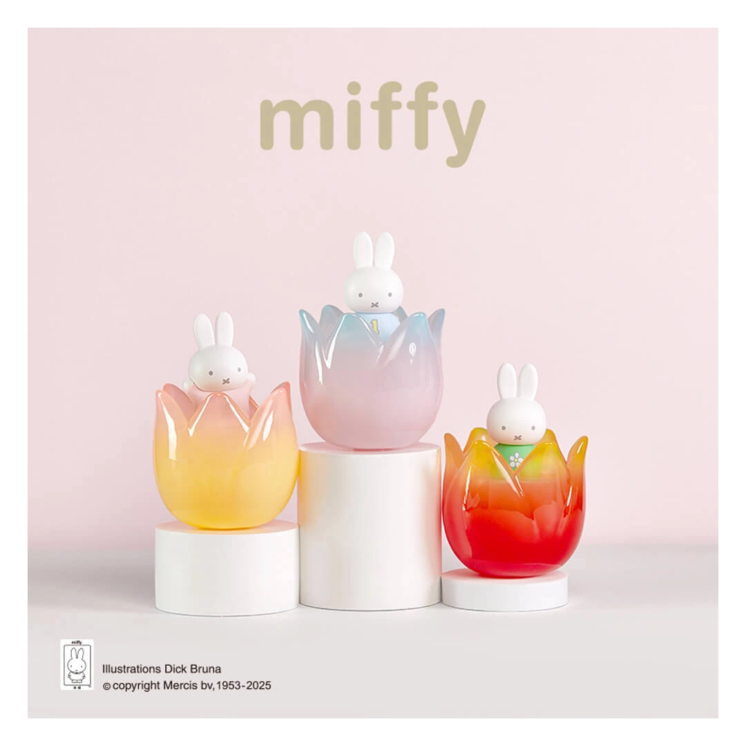 Three colorful rabbit-shaped pots with 'miffy' branding on a light pink background.