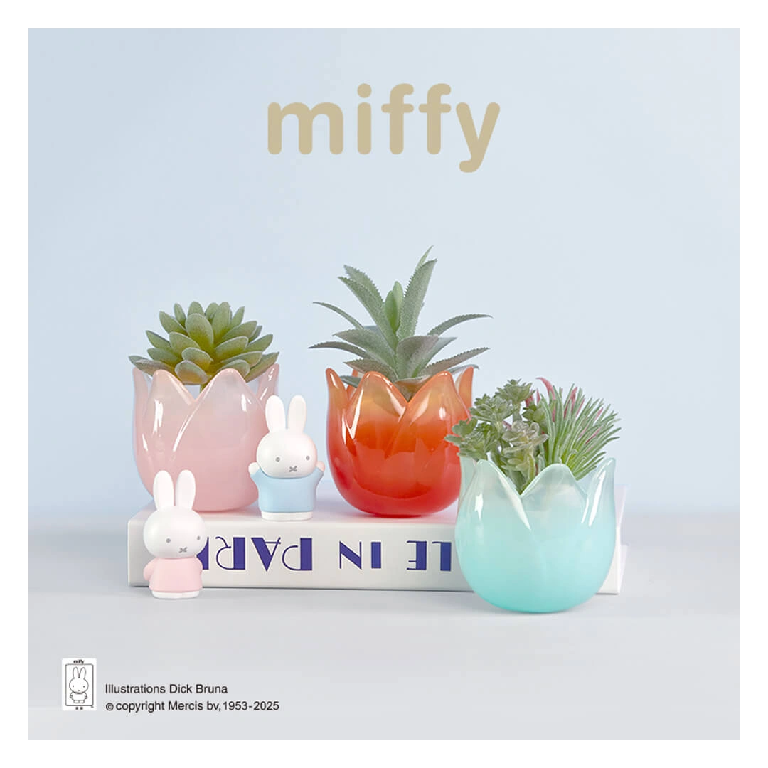 Decorative set with colorful planters and small miffy figurines on a light blue background.