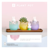 Three colorful rabbit-shaped plant pots on a wooden tray with a pink background.