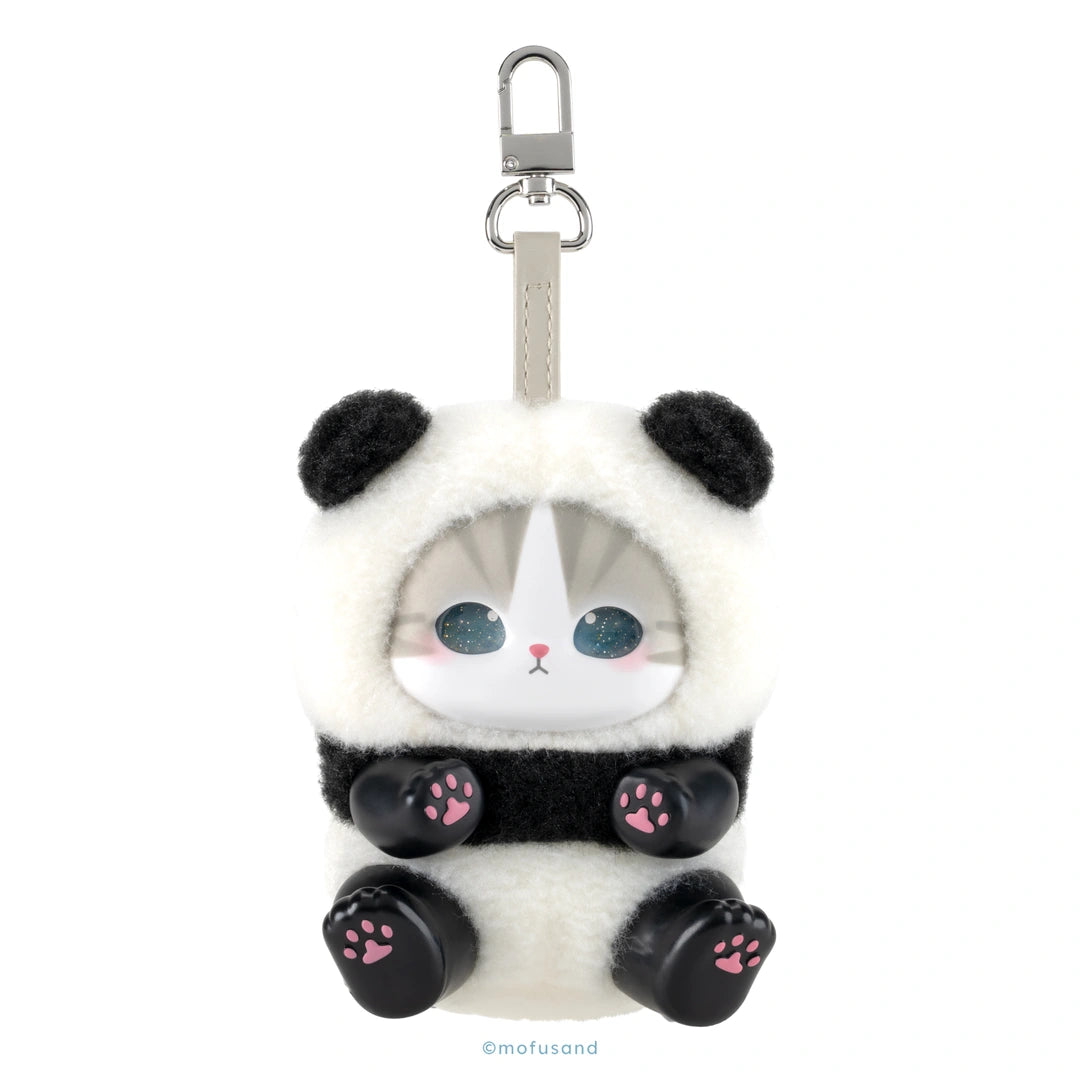 A plush panda-shaped keychain or bag charm with a white faux-fur body, black ear and arm patches, large blue eyes, pink paw-print accents on the feet, and a silver metal clasp at the top, shown on a plain white background.