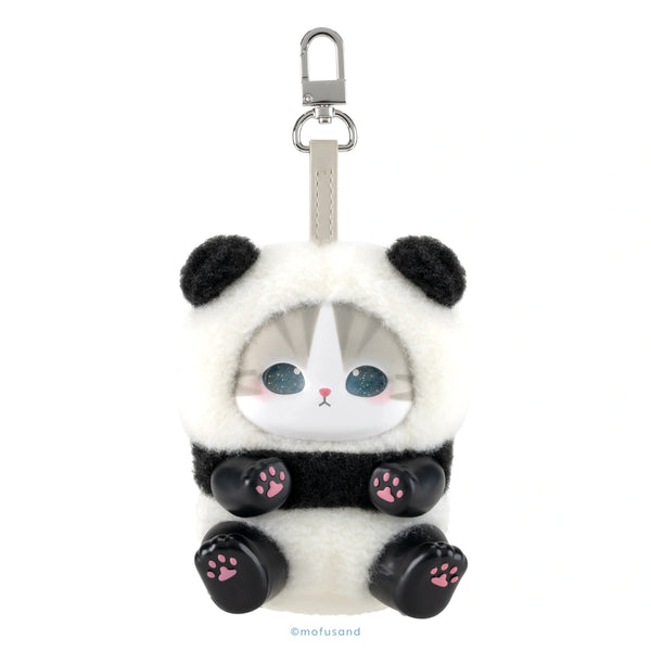 A plush panda-shaped keychain or bag charm with a white faux-fur body, black ear and arm patches, large blue eyes, pink paw-print accents on the feet, and a silver metal clasp at the top, shown on a plain white background.