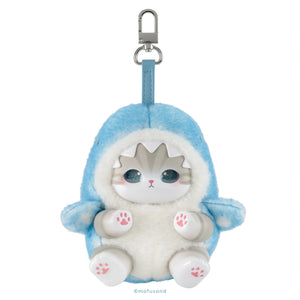 A plush keychain or bag charm shaped like a cute cartoon cat in a blue shark suit, with a silver metal clasp at the top, on a plain white background.