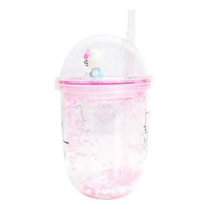 Reusable Hello Kitty cup with printed face and bottle icon