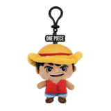 Plush keychain of a character from 'One Piece' with a yellow hat and red shirt on a white background.