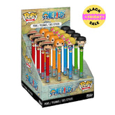 Display box of Funko Pop! One Piece pens with character designs on a black background