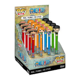 Display box of Funko Pop! One Piece pens with character designs on a black background