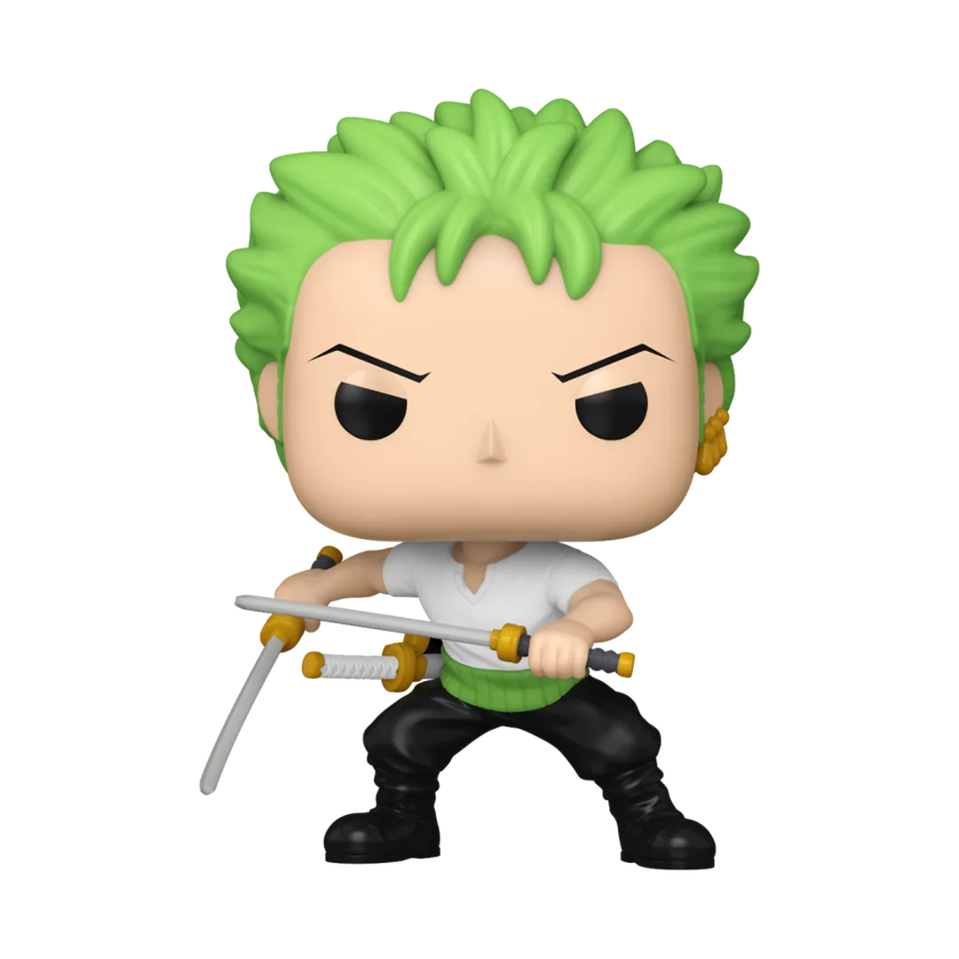 Funko Pop! vinyl figure of a Zoro with green hair and swords on a white background