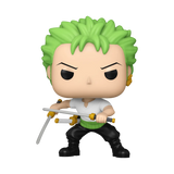 Funko Pop! vinyl figure of a Zoro with green hair and swords on a white background