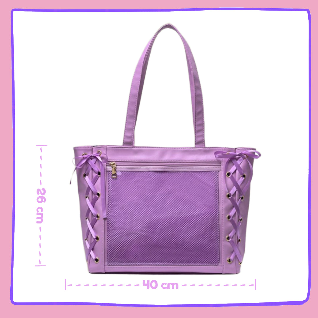 Pastel purple kawaii ita bag with ribbon bow and adjustable strap