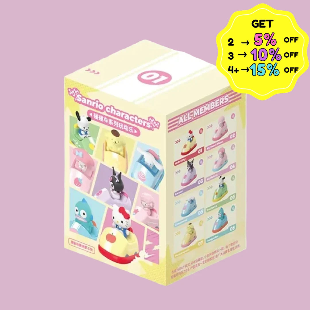 Box of Sanrio character figurines with discount information on a pink background