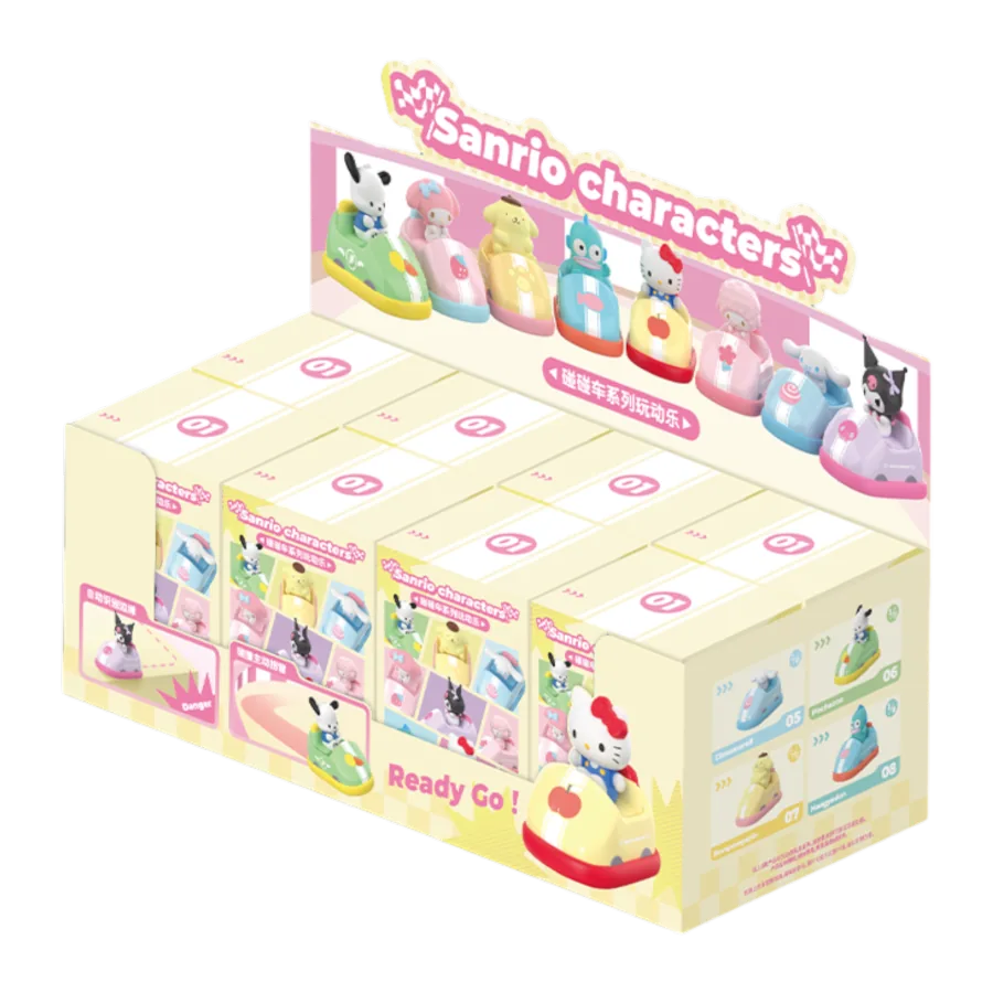 Display box of Sanrio character figurines with colorful packaging on a white background
