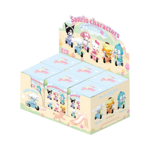 Box of Sanrio character toys with colorful packaging. Blind box Scooter Series, Hello Kitty and Friends