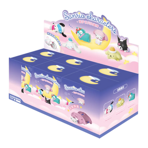 Box of Sanrio character toys with colorful packaging. Hello Kitty and friends blind box series